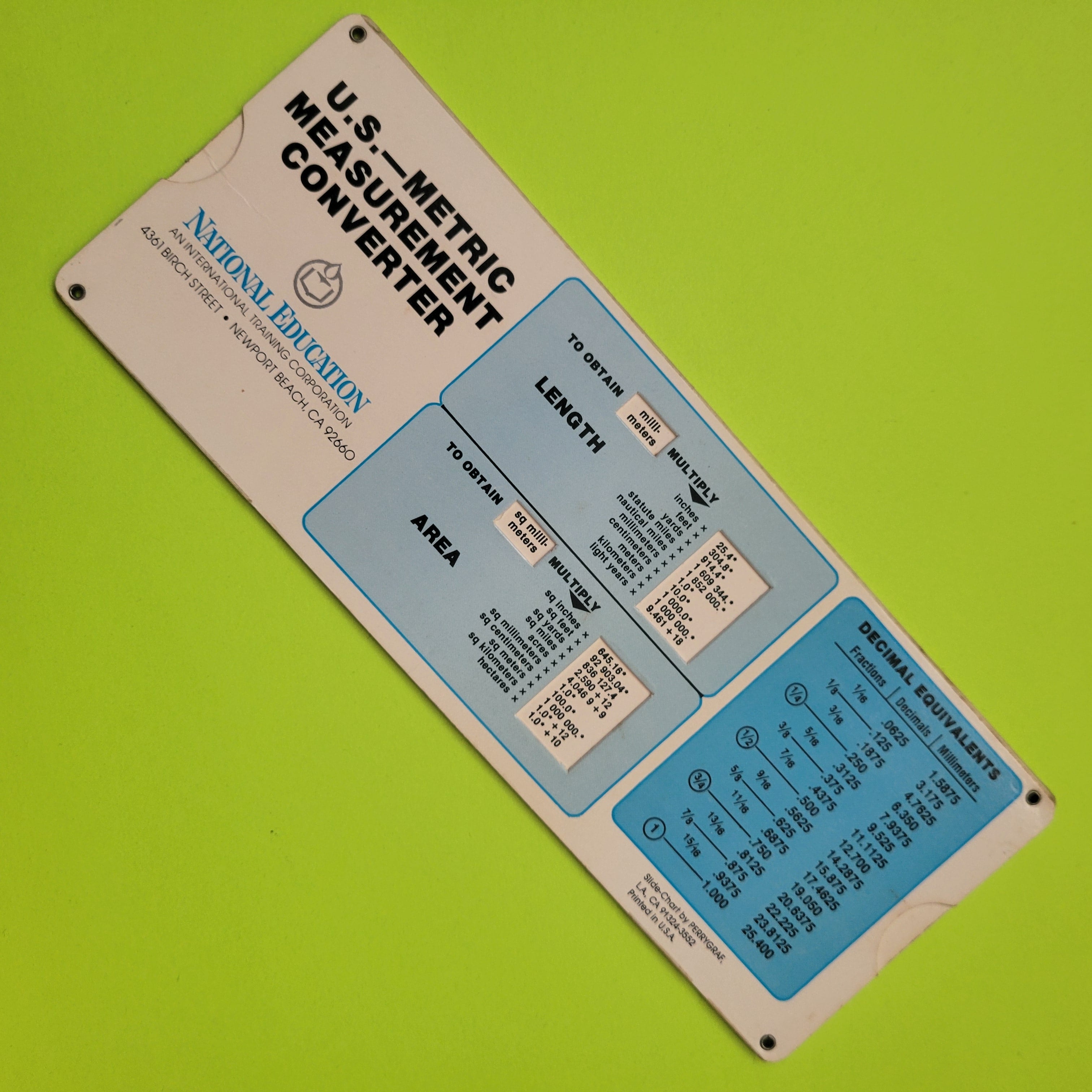 An image of the back of a US-Metric conversion slide chart